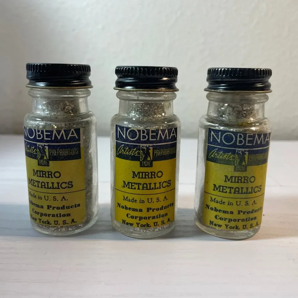 RARE Vintage 1940s Nobema Mirro Metallics Glass Glitter Flakes Jars Lot of 3
